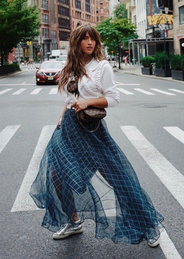 Organza checkered print asymmetric skirt with checkered sheer blouse