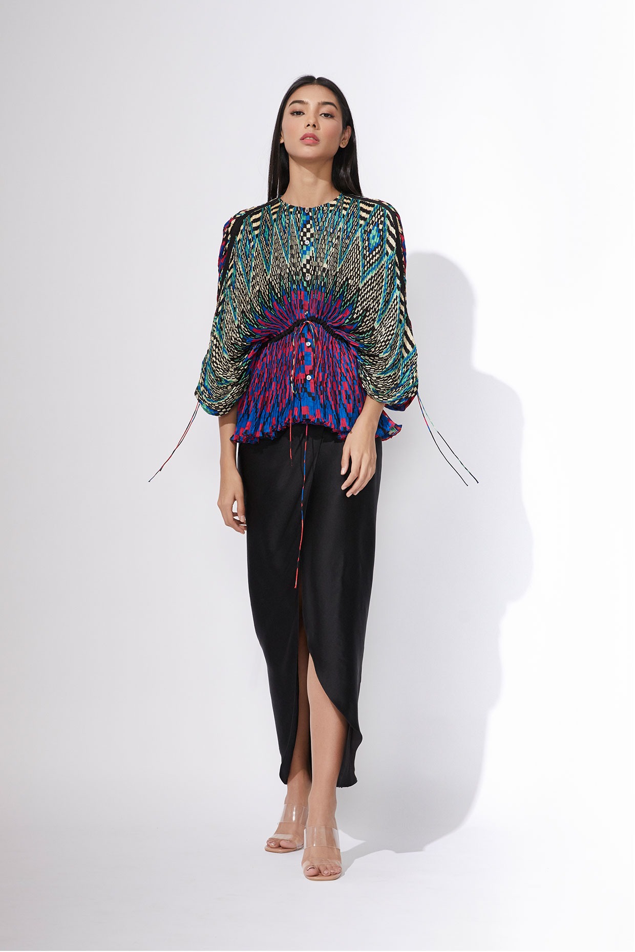 Abstract print kaftan style blouse with pencil skirt