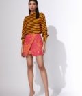 Stripe print collared shirt with wrap style skirt