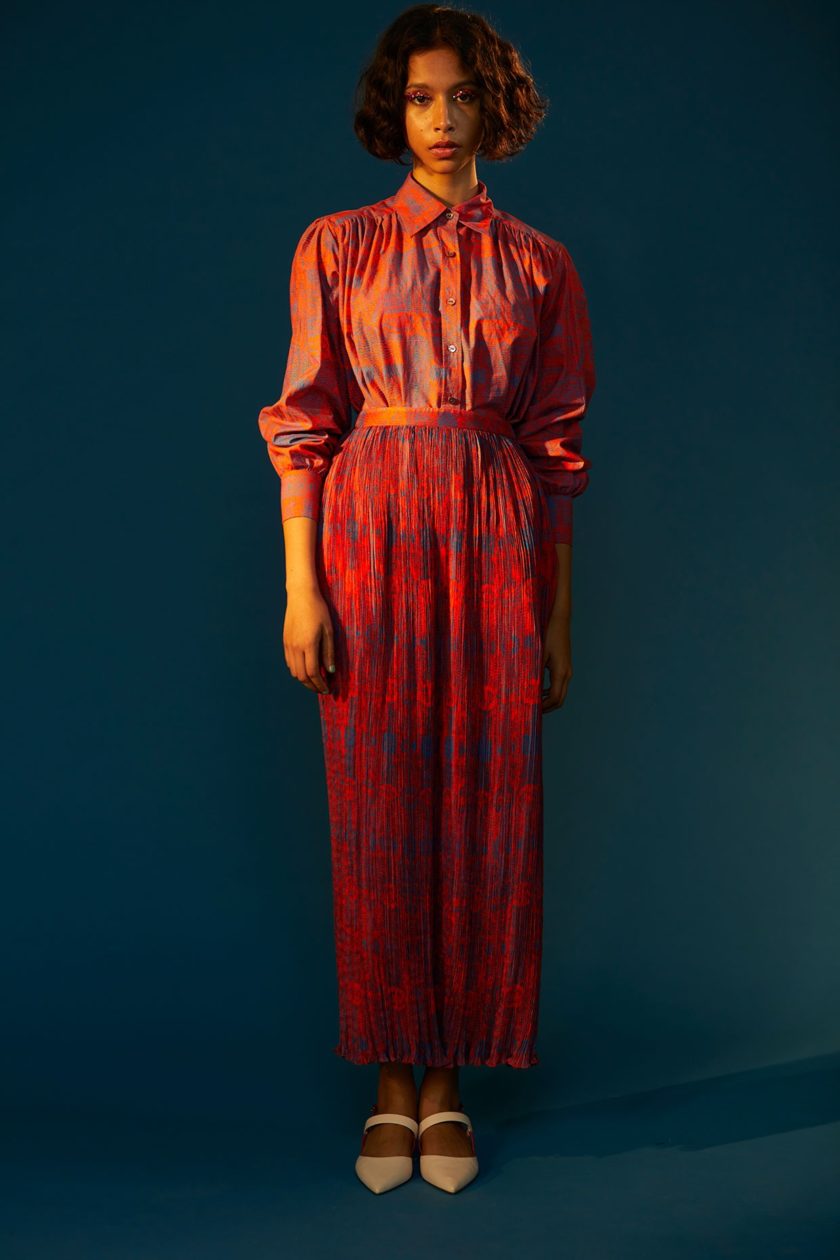 Abstract Print Collared Shirt With Micropleated Skirt | Saaksha & Kinni