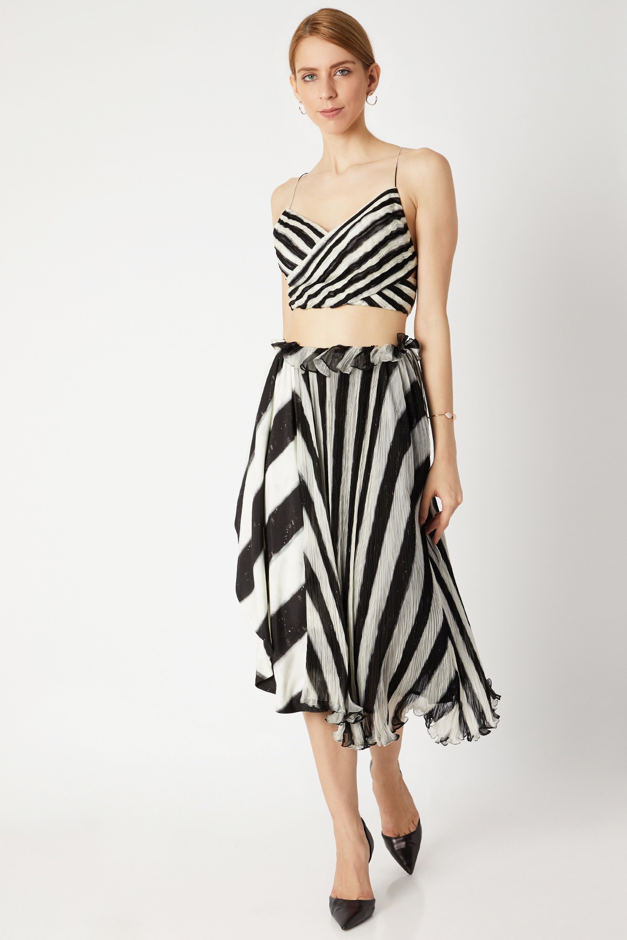 Stripe print bralette with micropleated asymmetric skirt
