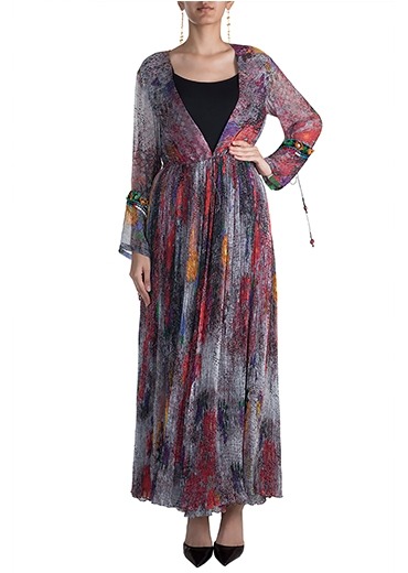 Abstract print hand micropleated cape