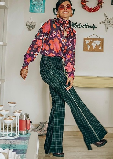 Floral printed shirt with dhoti fabric checkered print trousers